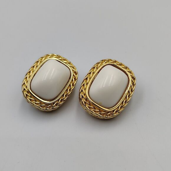 Vintage Givenchy Gold Tone White Lucite Cabochon Rectangular Clip On Earrings - Picture 4 of 16